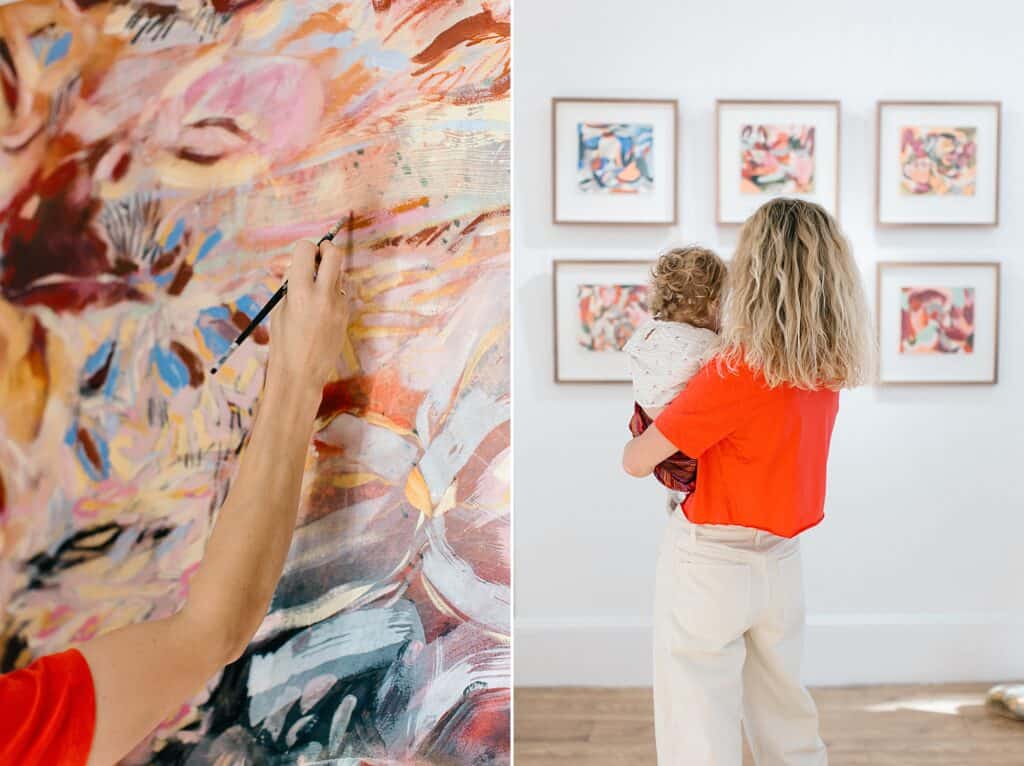 A close up of a brush on a canvas alongside an image of artist Emma Howell with her young daughter looking at Emma's artwork hanging on the wall in the gallery.