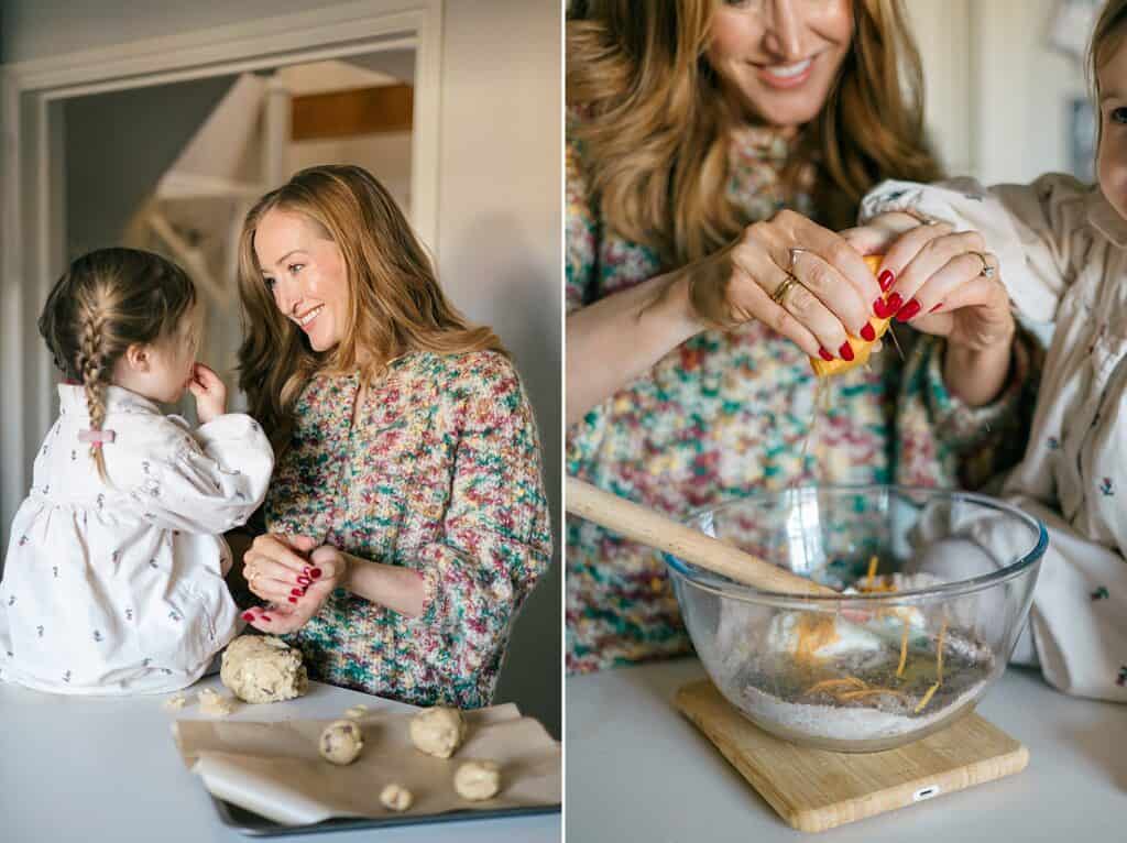 Children's Dietitian and author Lucy Upton baking in the kitchen with her young daughter.