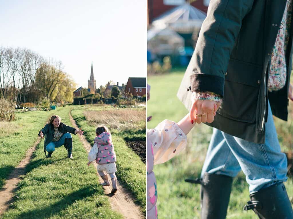 Lucy Upton, Children's Dietitian, walks with her daughter in the local allotments to learn about growing vegetables.