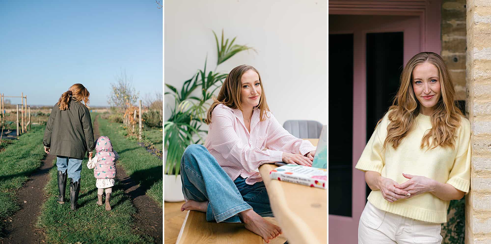 Three images of Children's Dietitian Lucy Upton, showing her three different shoots across a year with Cotswold brand photographer Emma Jackson.